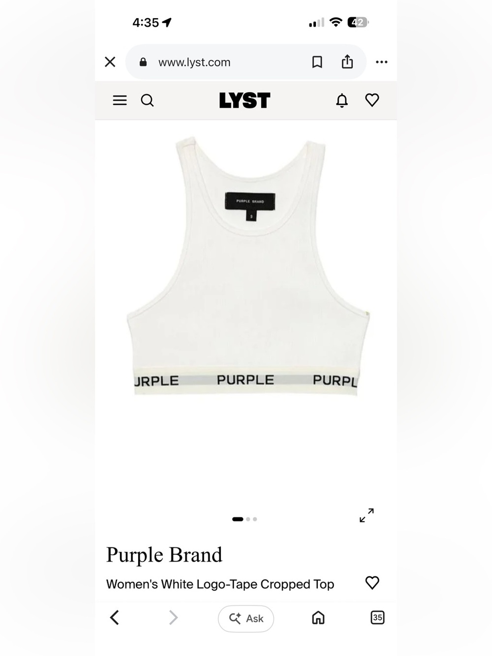 Purple Brand White Ribbed Crop Tank with Logo Hem